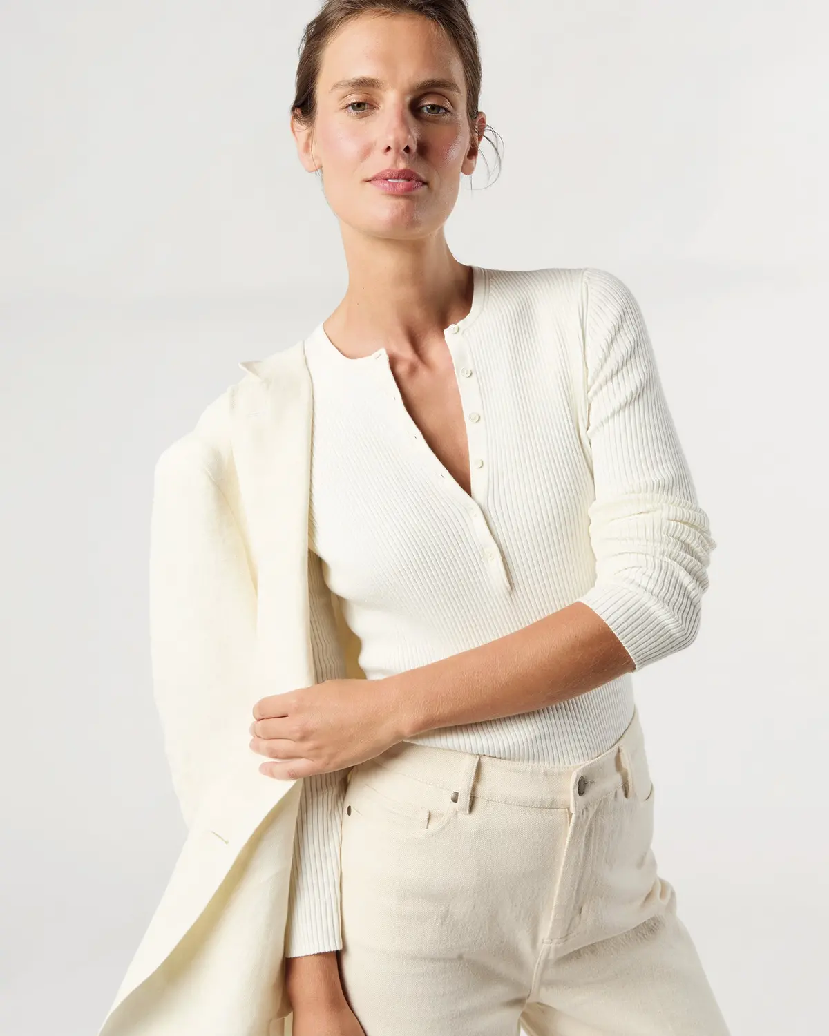 Long-Sleeved Nia Ribbed Henley In Ivory Cotton/Silk 5