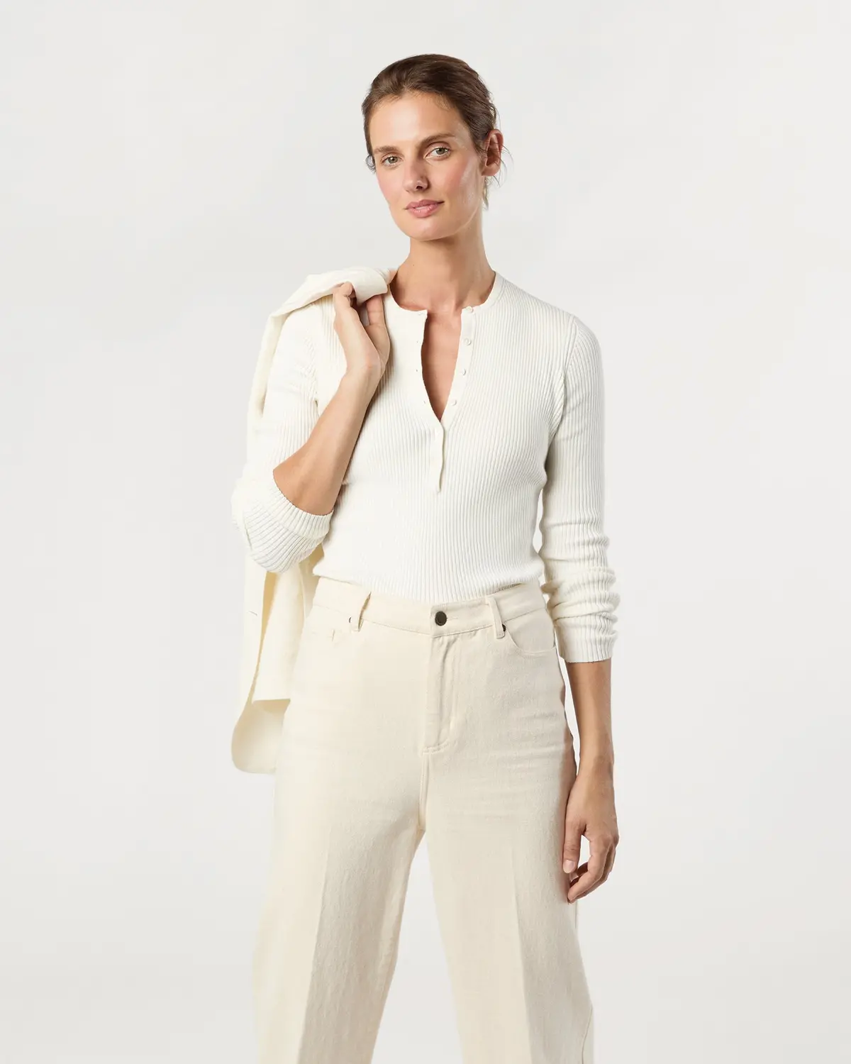 Long-Sleeved Nia Ribbed Henley In Ivory Cotton/Silk 2