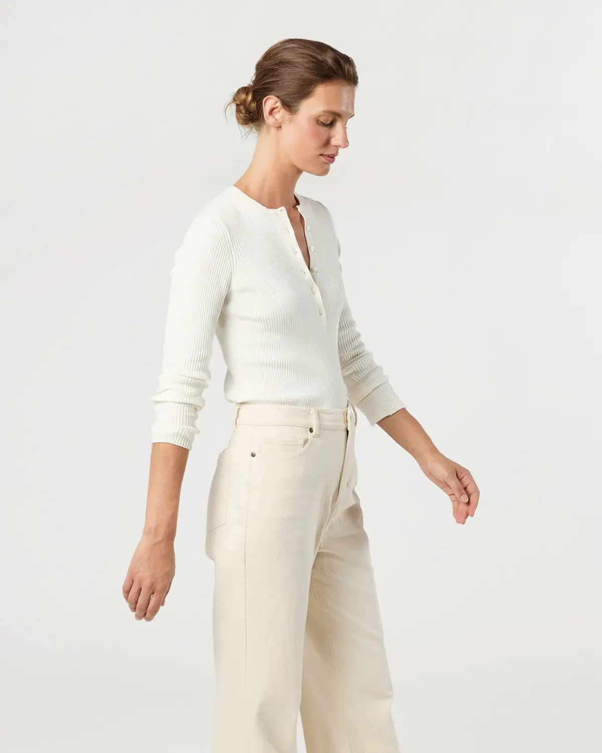 Long-Sleeved Nia Ribbed Henley In Ivory Cotton/Silk 4