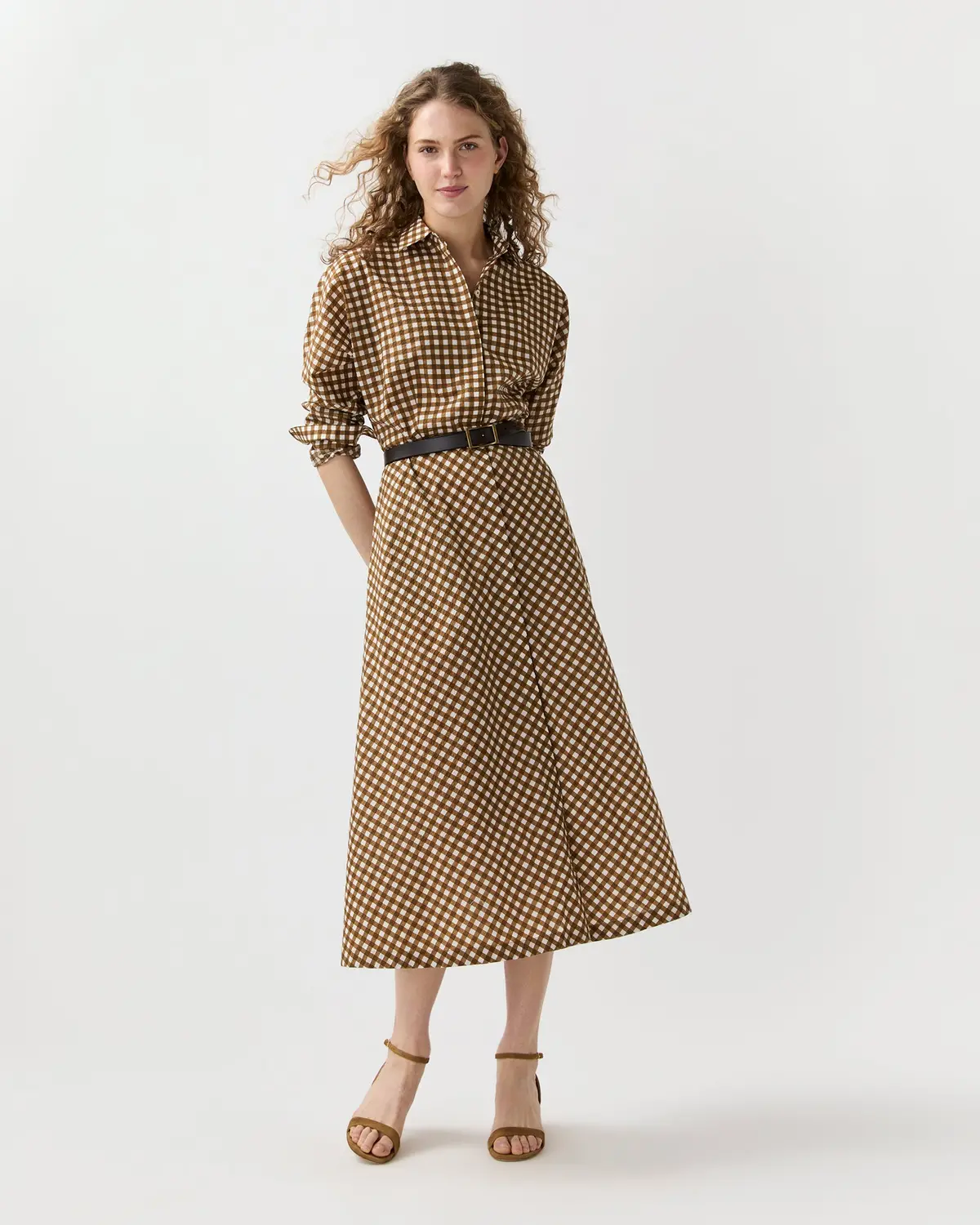 Charlie Shirtwaist Dress In Tobacco/Ivory Gingham Crinkle Cotton 1