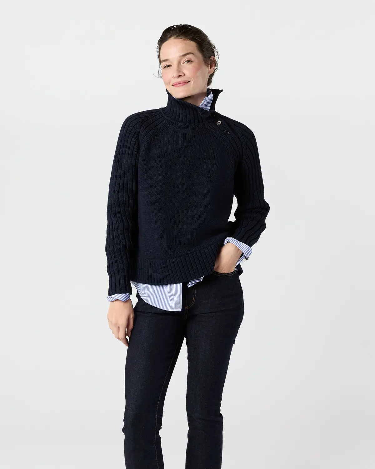 Ines Side Funnel-Neck Sweater In Navy Cotton Tape Yarn 1