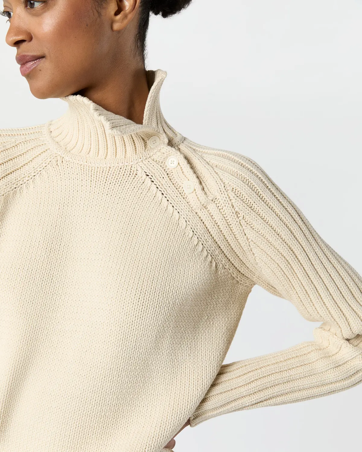 Ines Side Funnel-Neck Sweater In Cream Cotton Tape Yarn 1