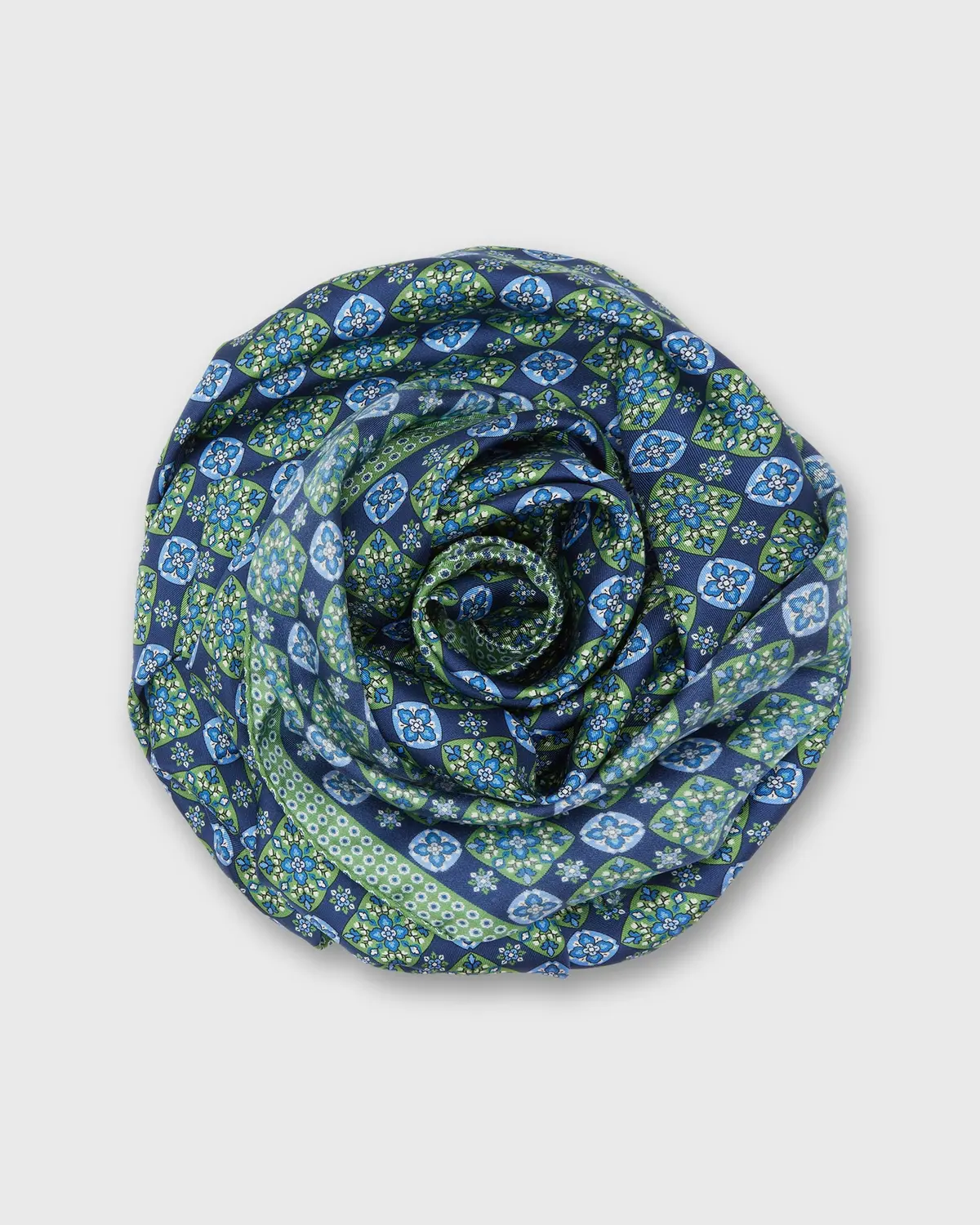 Large Hand-Rolled Scarf In Blue/Green Flower Tile 1