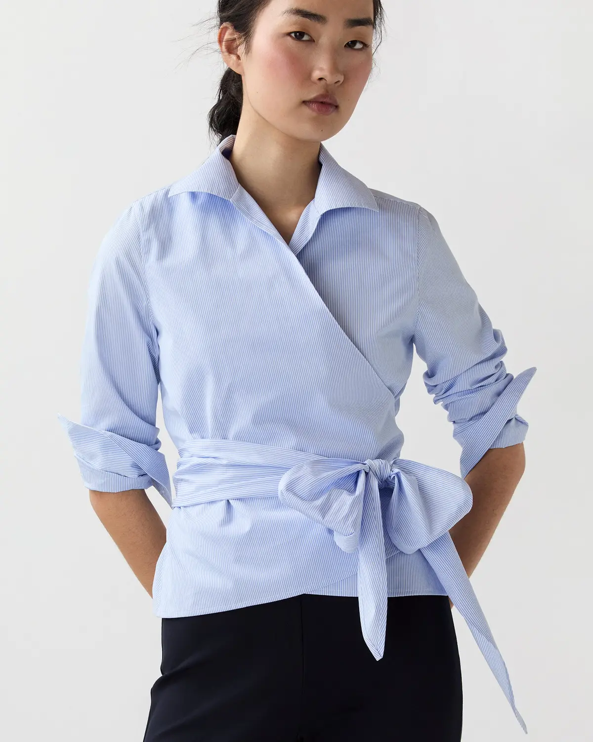 Hilary Wrap Top In Sky Small Bengal Stripe Poplin 1