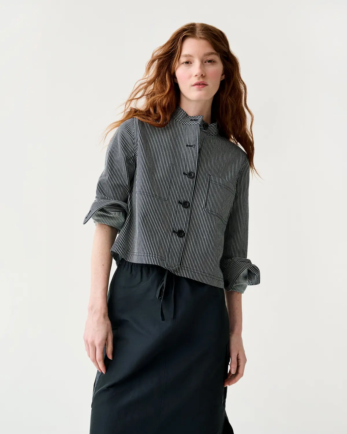 Short Chore Jacket In Indigo Railroad Stripe Denim 1