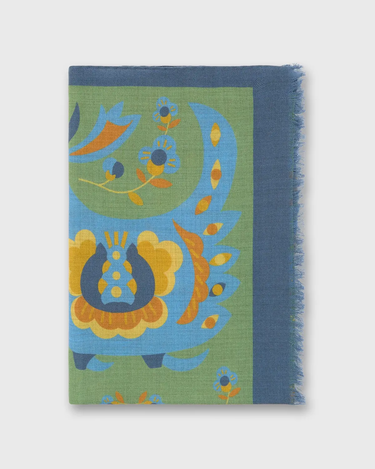 Wool Print Scarf In Lovat/Blue Fowl 1