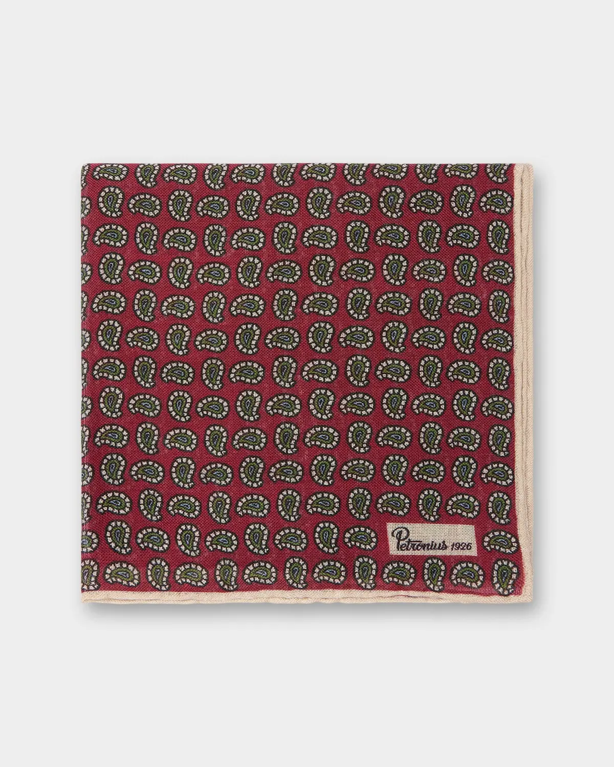Wool/Silk Pocket Square In Red/Olive/Bone Paisley 1