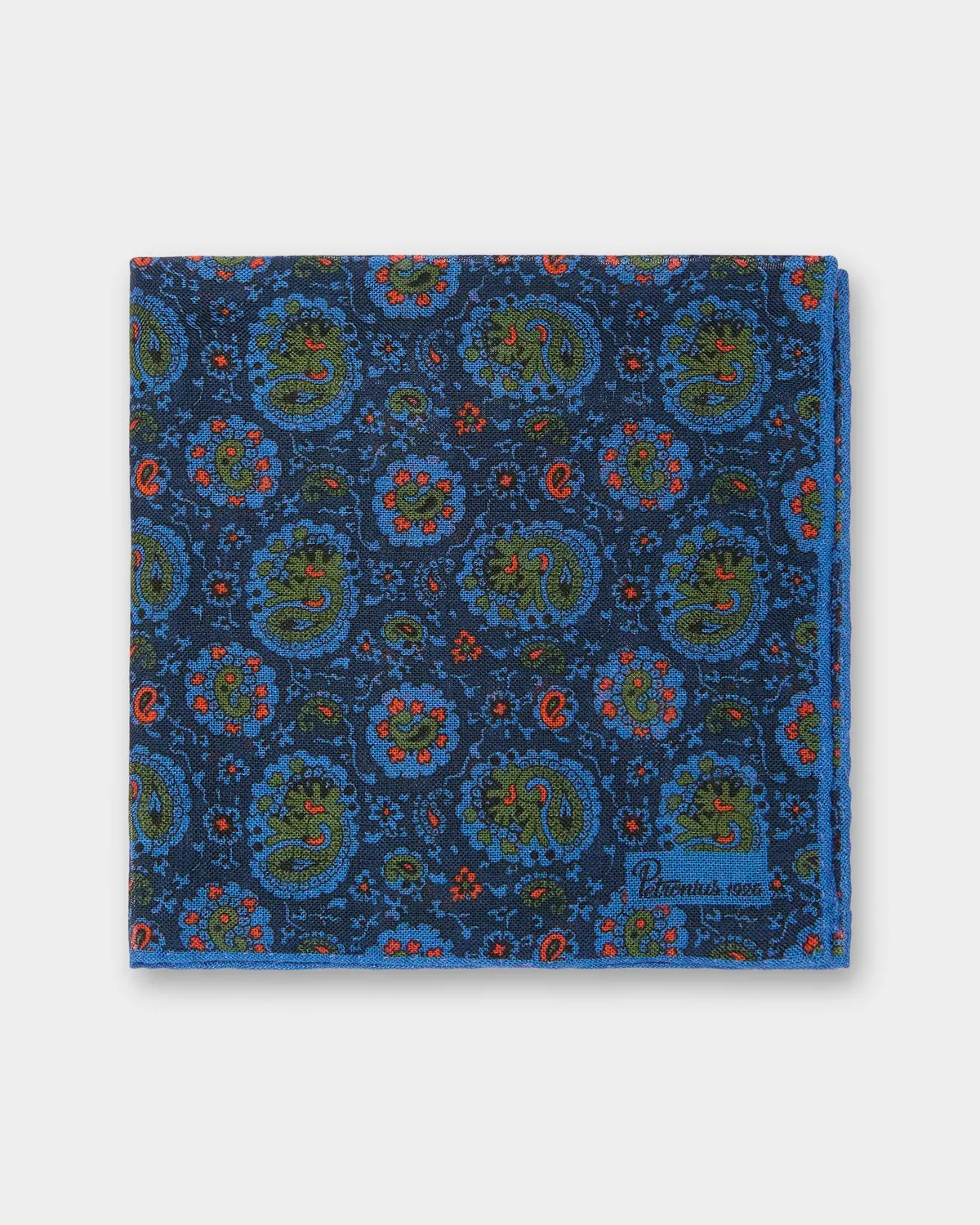 Wool/Silk Pocket Square In Navy/Green/Orange Paisley 1