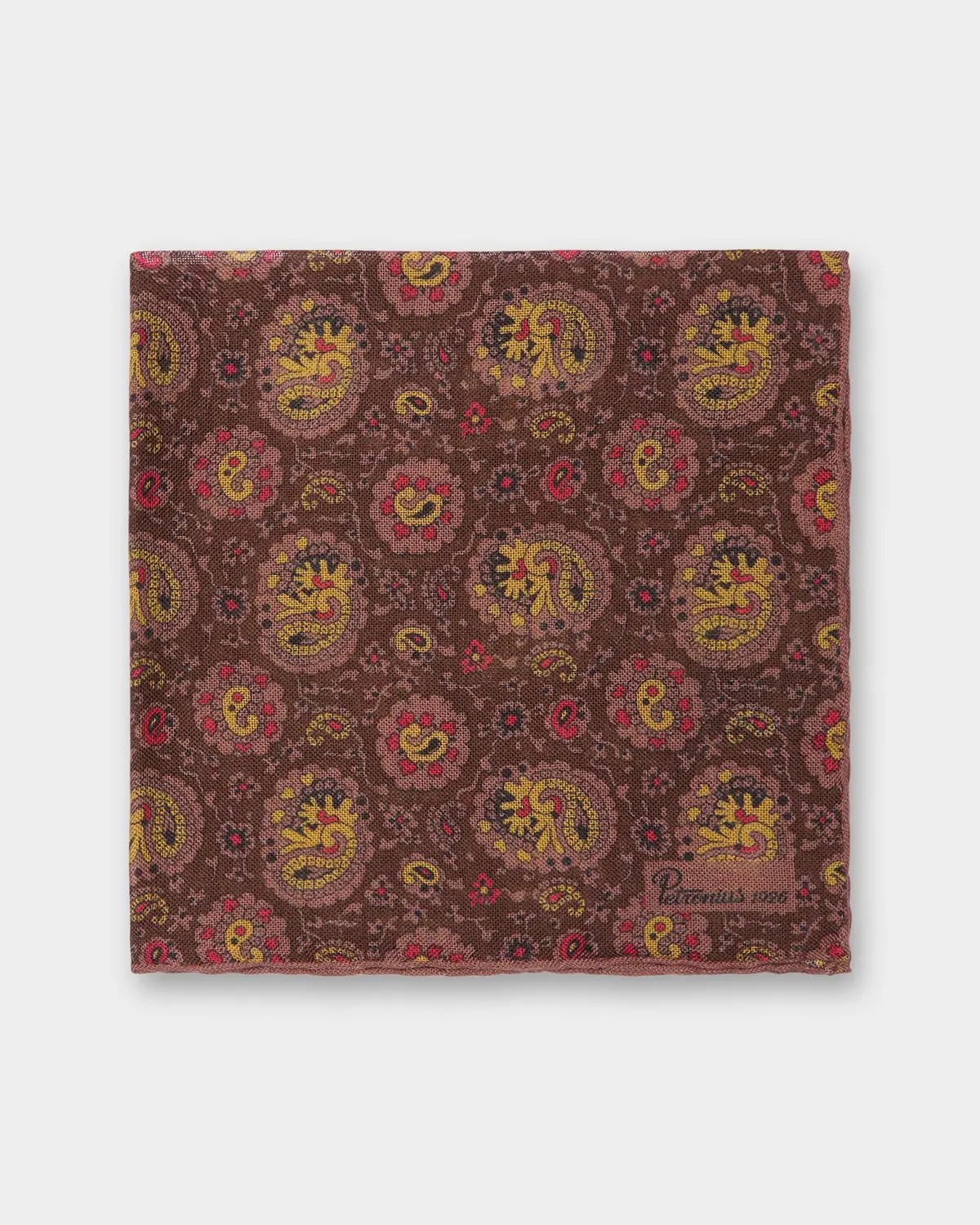 Wool/Silk Pocket Square In Brown/Yellow/Orange Paisley 1