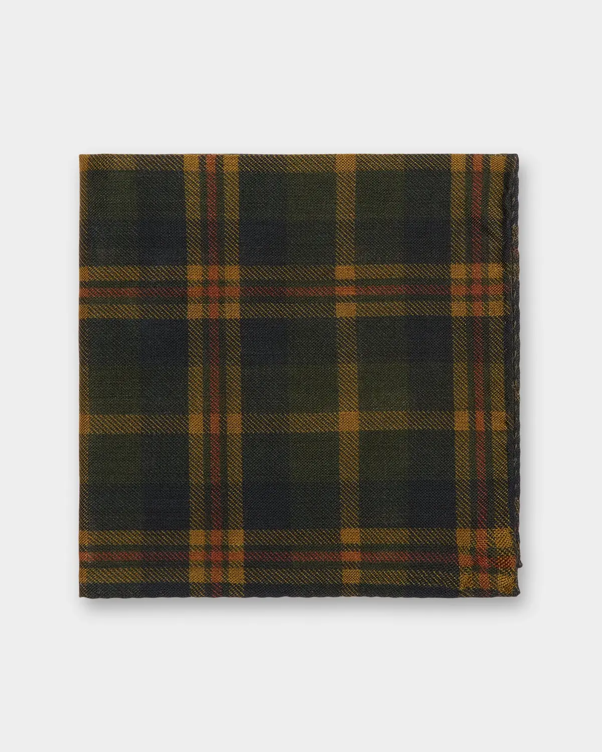 Wool/Silk Pocket Square In Midnight/Gold/Orange Plaid 1