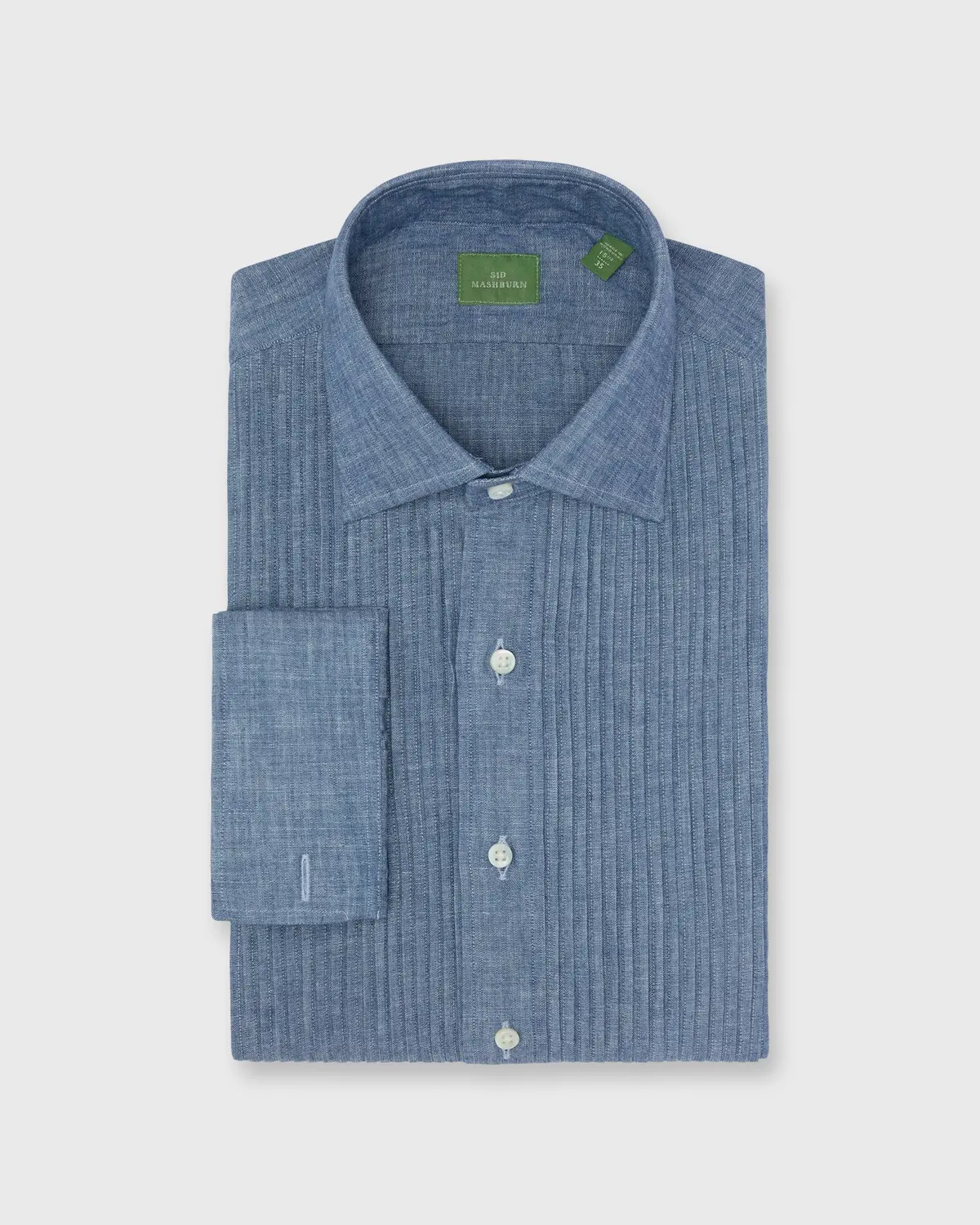 French-Cuff Pleated Bib-Front Tuxedo Shirt In Extra Light Washed Chambray 1