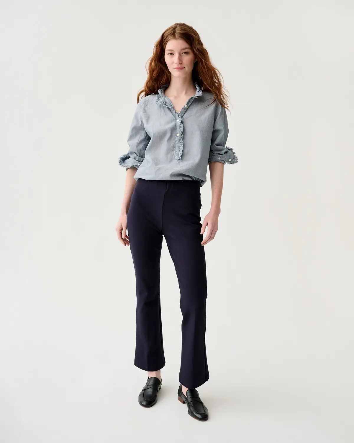 Frill Shirt In Indigo Pinstripe Lightweight Chambray 3