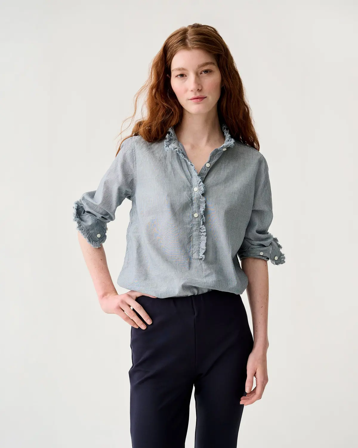 Frill Shirt In Indigo Pinstripe Lightweight Chambray 1