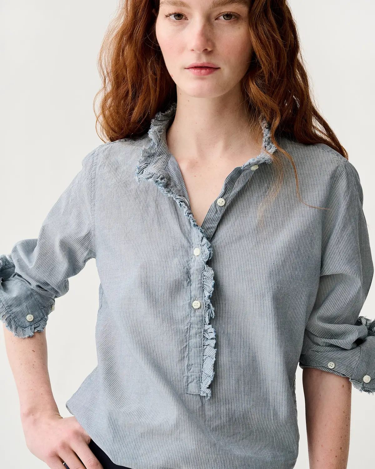 Frill Shirt In Indigo Pinstripe Lightweight Chambray 4