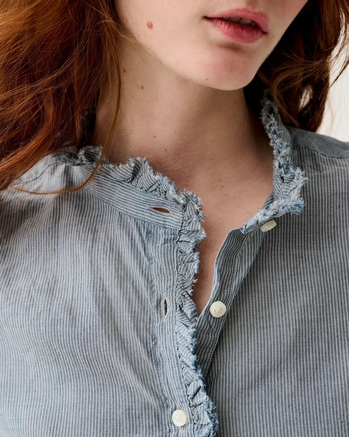 Frill Shirt In Indigo Pinstripe Lightweight Chambray 2