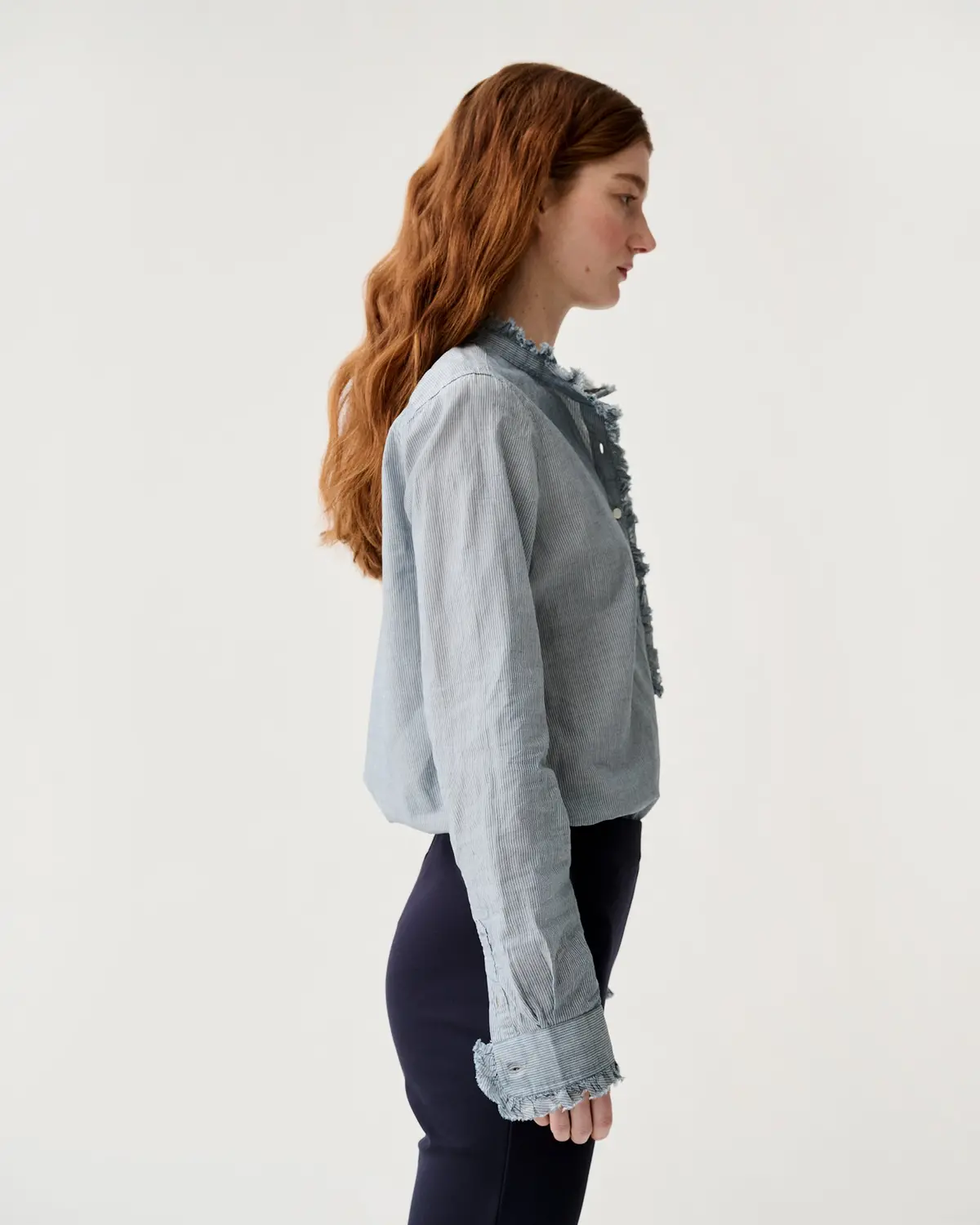 Frill Shirt In Indigo Pinstripe Lightweight Chambray 5