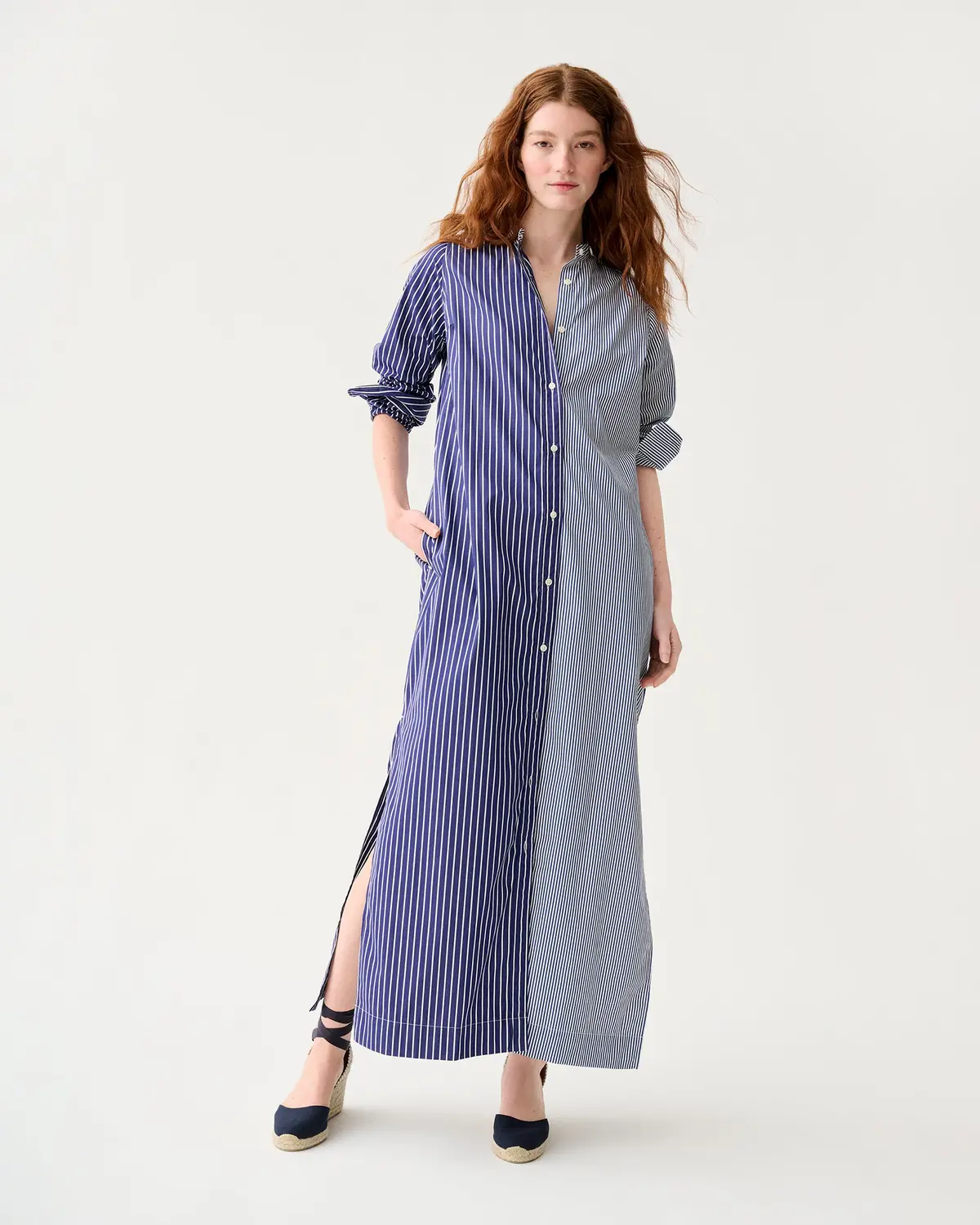 Mandarin Talitha Shirtdress In Navy/White Mixed Stripe Poplin 1