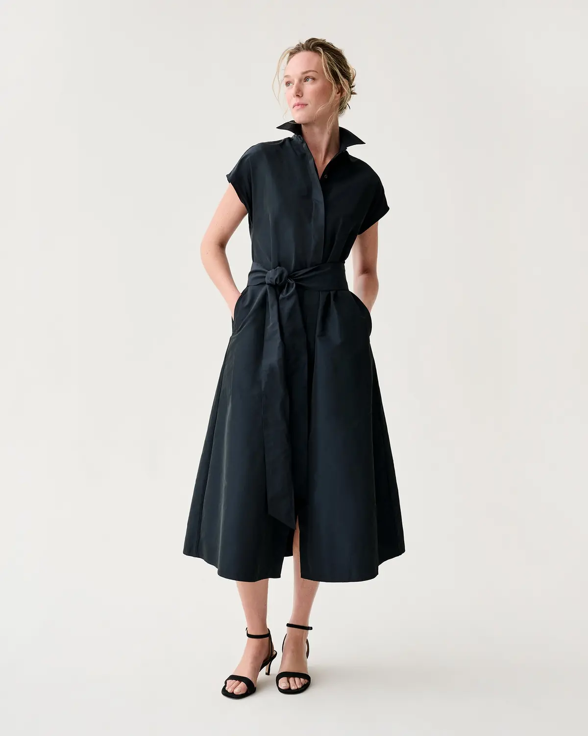 Gianna Maxi Collared Shirtdress In Navy Nylon Faille 1