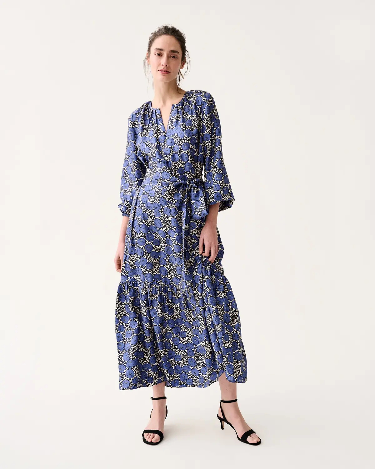 Aba Maxi Dress In Navy/Blue Peony Buds Printed Silk Twill 1