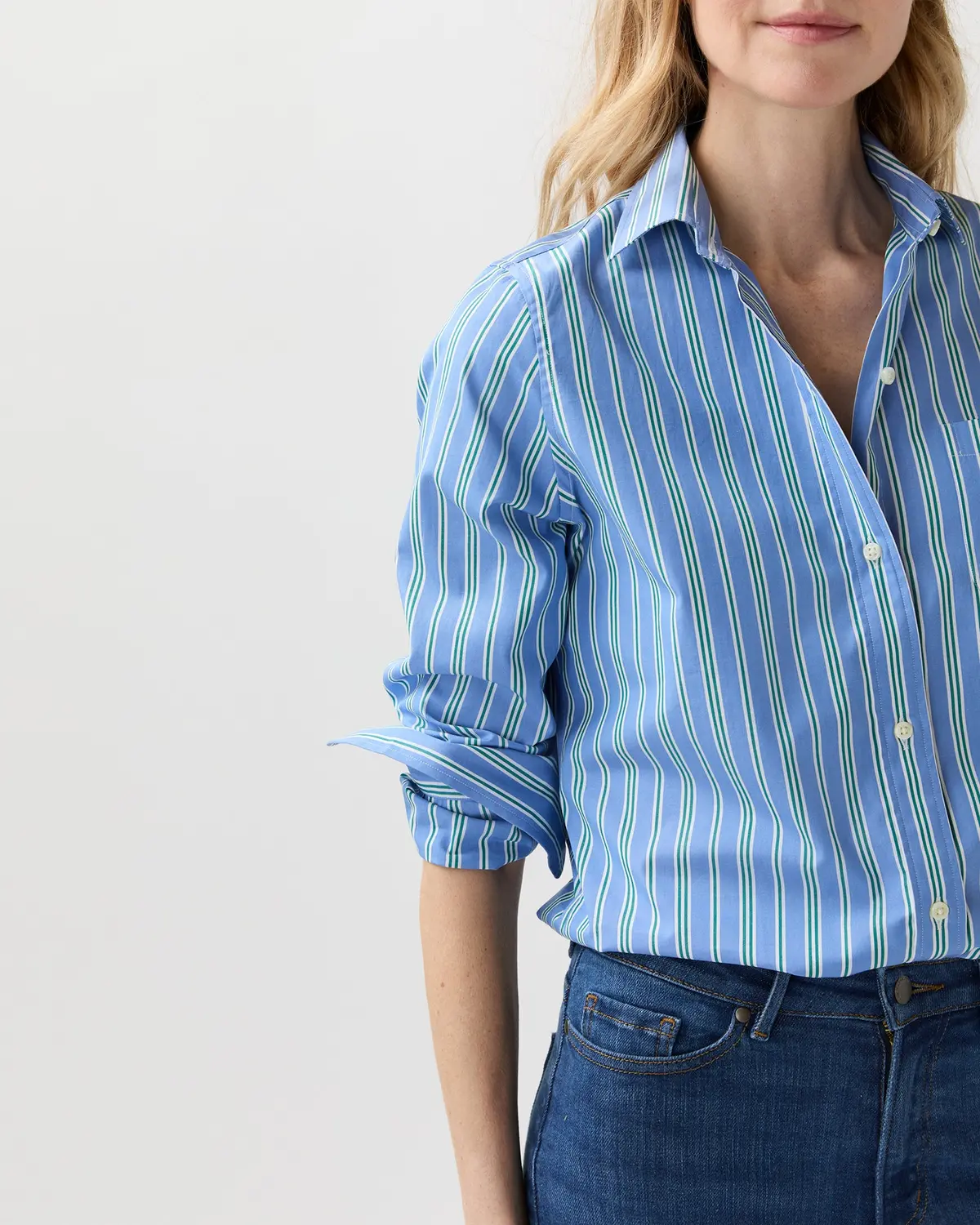 Sidney Shirt In French Blue/Green Multi Stripe Poplin 2