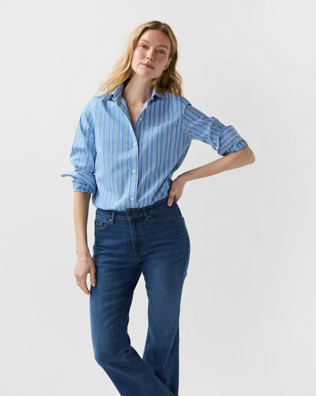 Sidney Shirt In French Blue/Green Multi Stripe Poplin 3