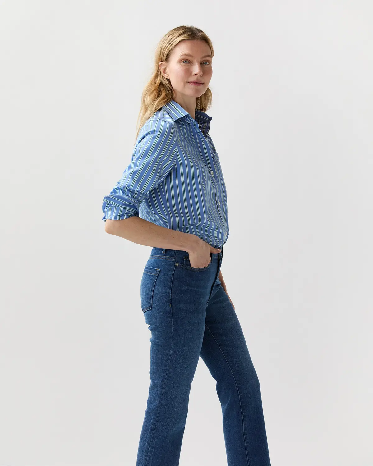 Sidney Shirt In French Blue/Green Multi Stripe Poplin 4