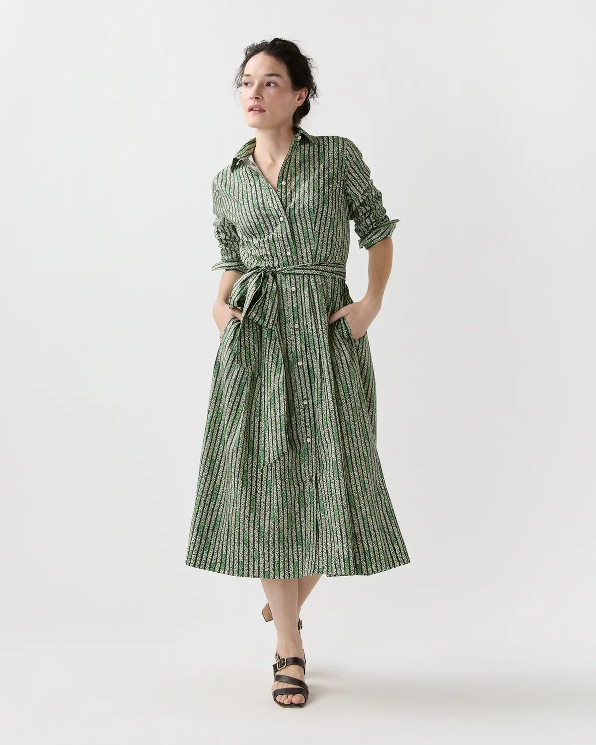 Classic Shirtwaist Dress In Green Floral Stripe Printed Poplin 1