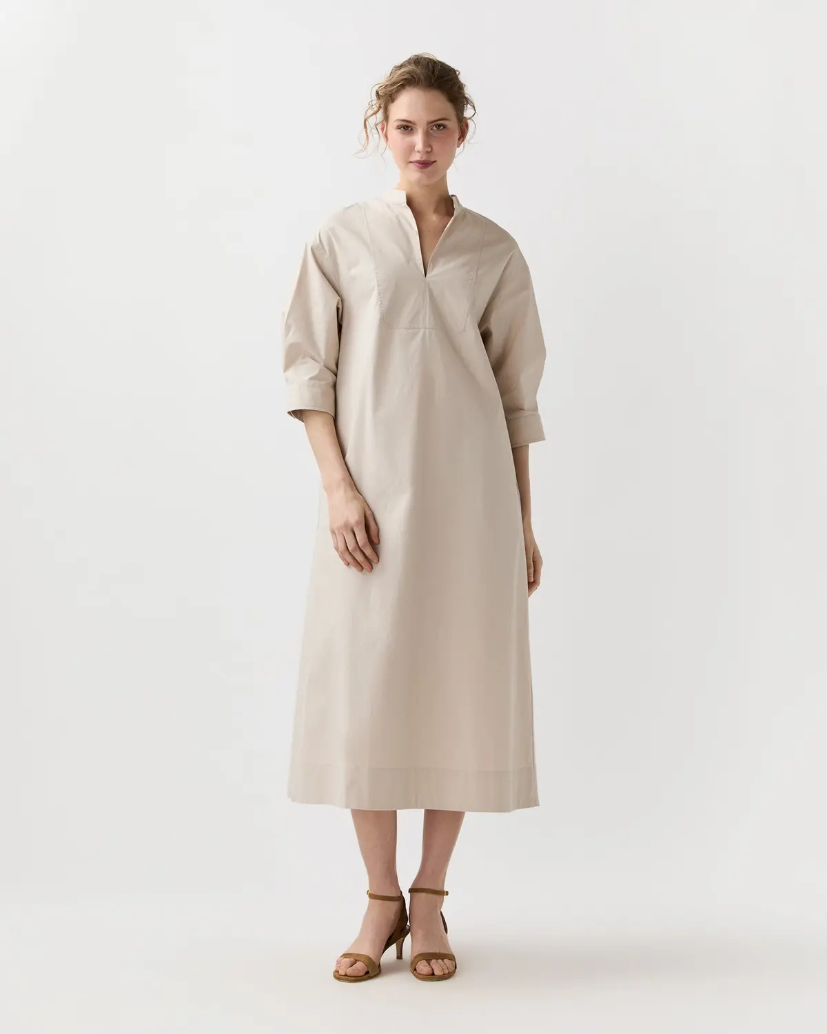 Cadie Dress In Sand Paperweight Stretch Poplin 1