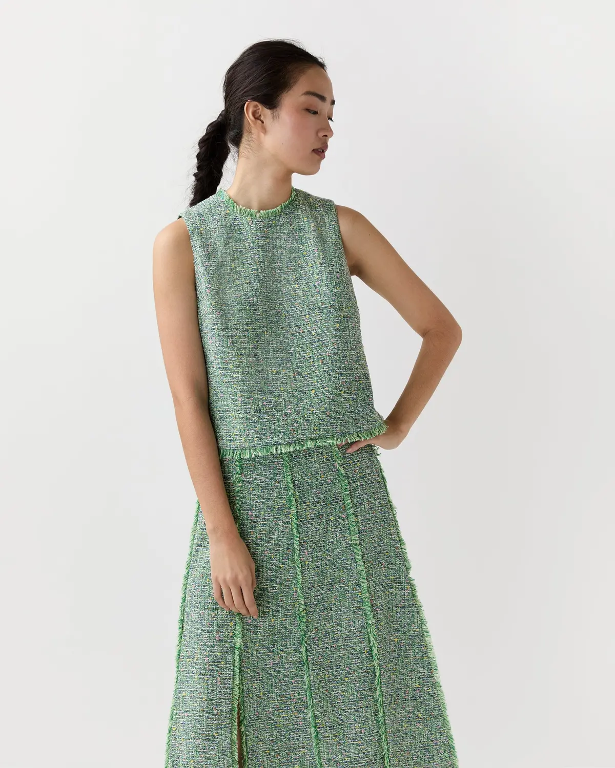 Cropped Mimi Top In Grass/Multi Speckled Tweed 1