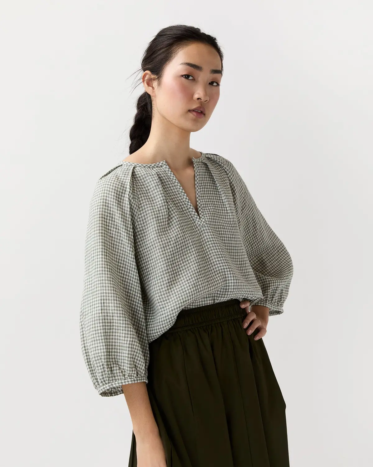 Victoria Blouse In Olive Gingham Sahara Linen 1