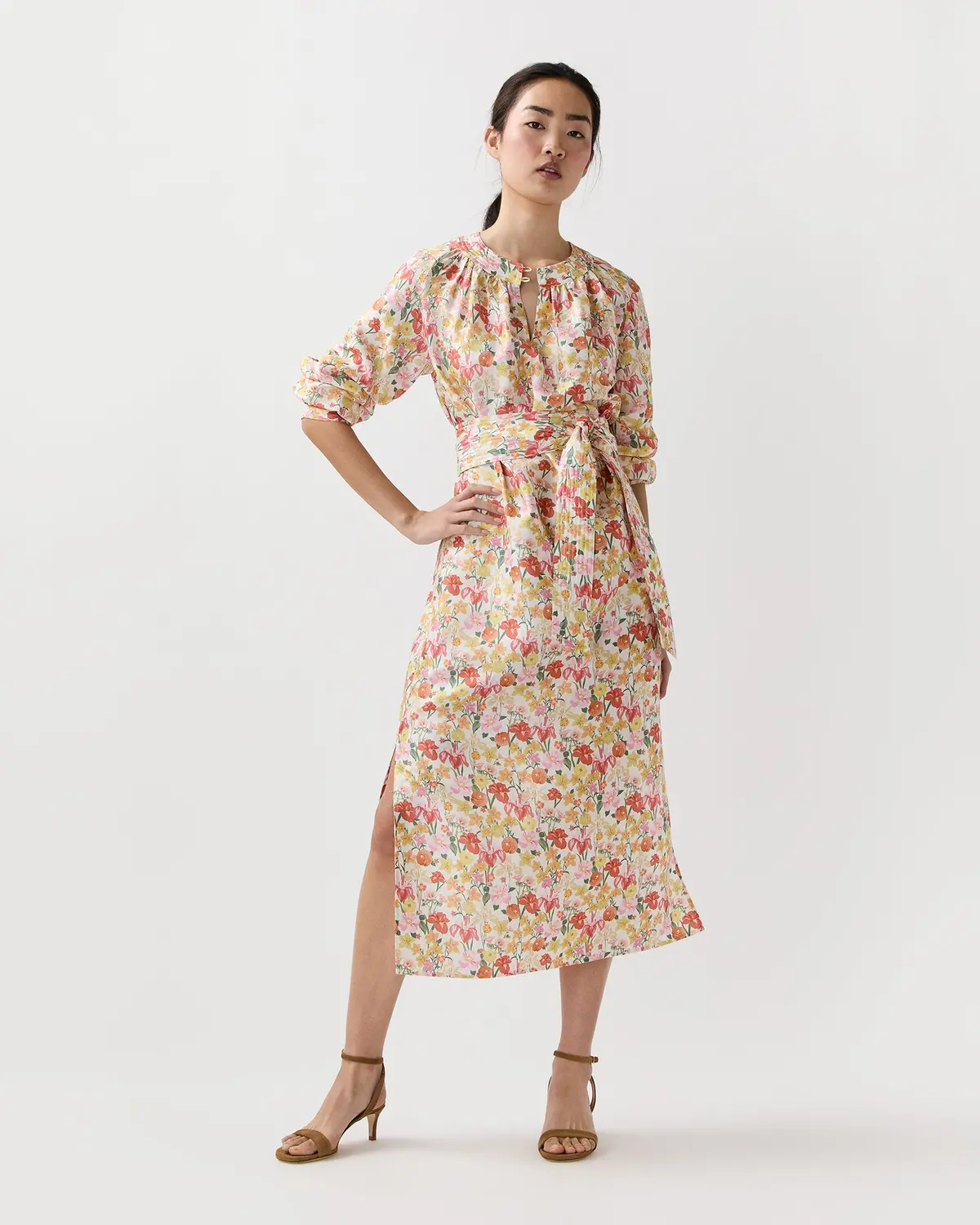 Trapunto Neck Dress In Multi Spring Blooms Italian Silk Shantung 1