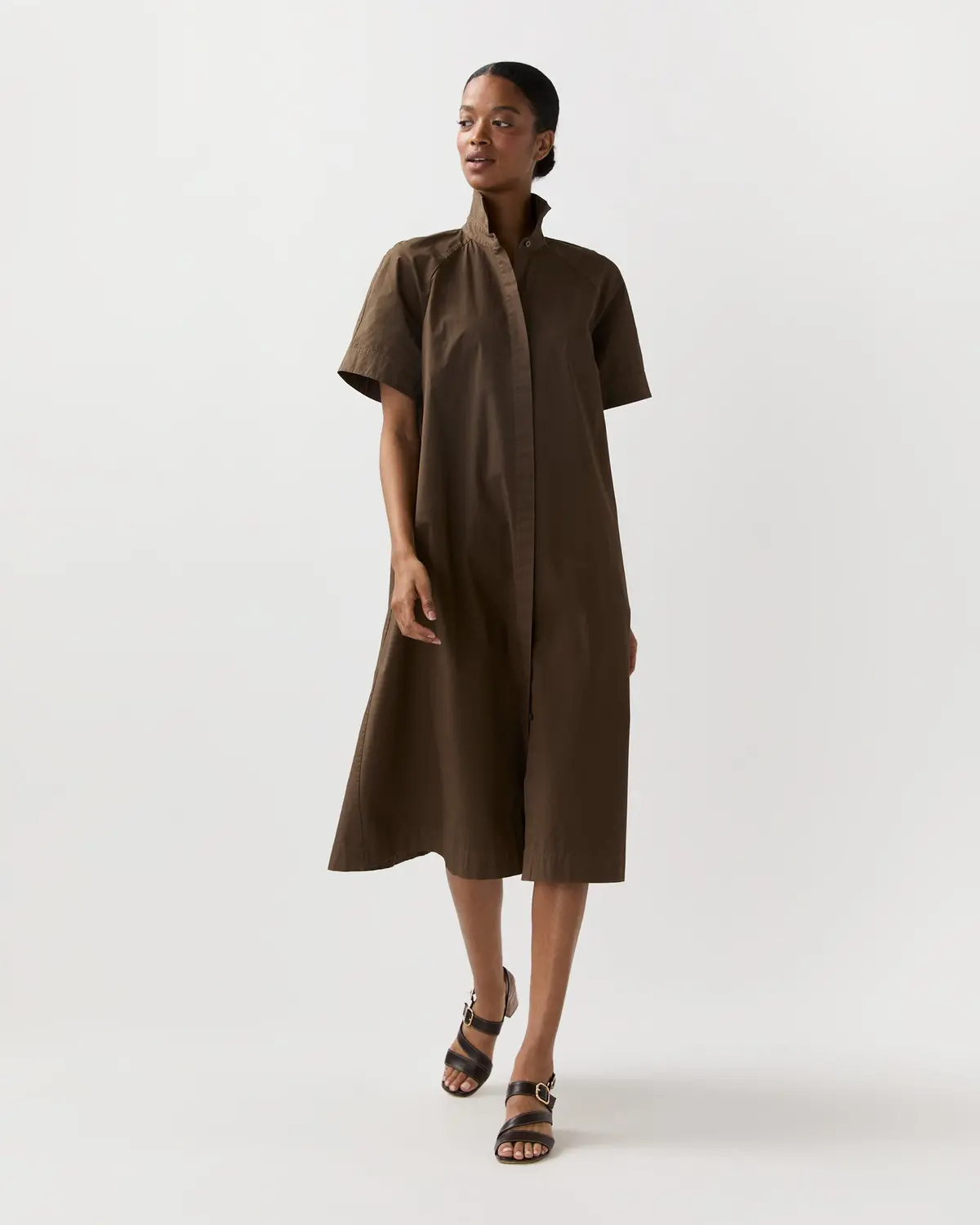 Riley Dress In Coffee Paperweight Stretch Poplin 1
