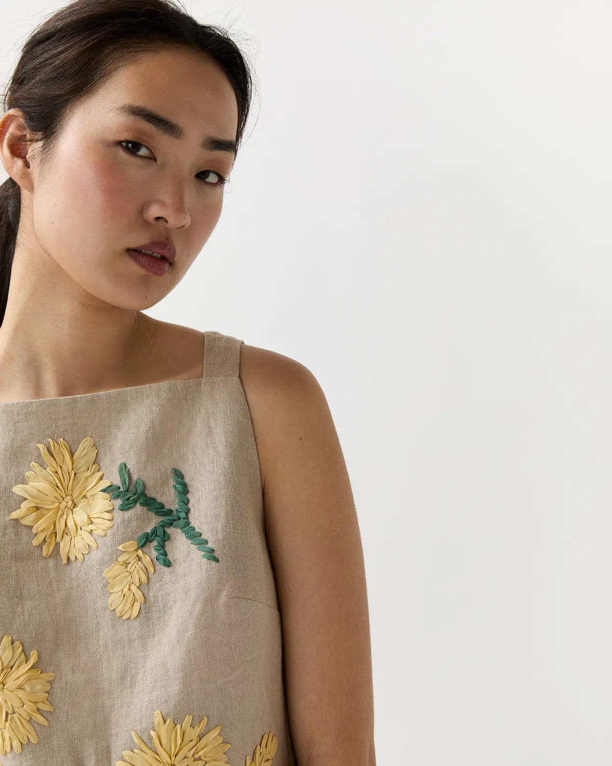 Square Gia Shell In Yellow/Flax Ribbon Embroidered Linen 2