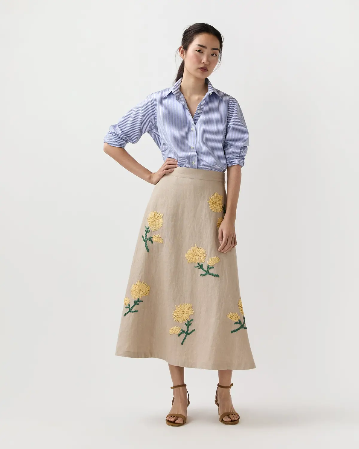 Renee Skirt In Yellow/Flax Ribbon Embroidered Linen 1