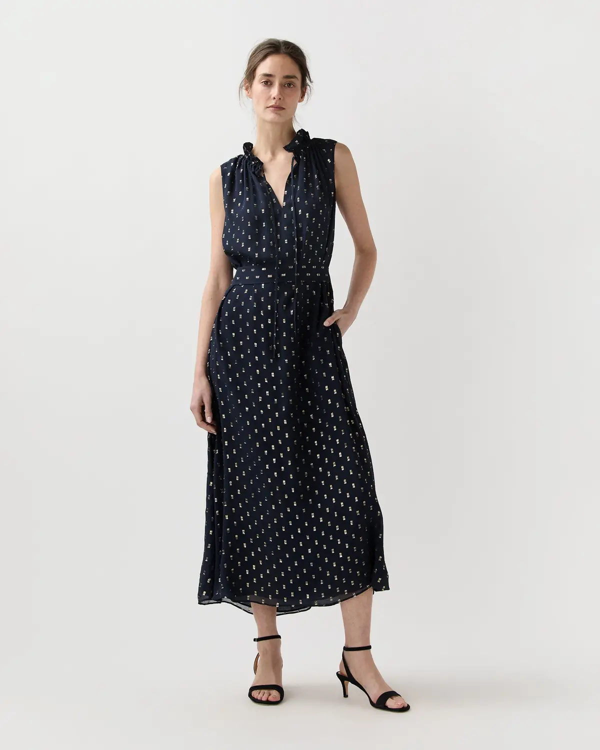 Cali Dress In Navy/Gold Metallic Fil Coupé Georgette 1