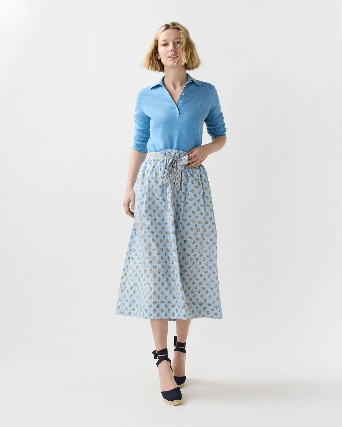 Mathilde Skirt In French Blue/Tangerine Mixed Floral Printed Poplin 1