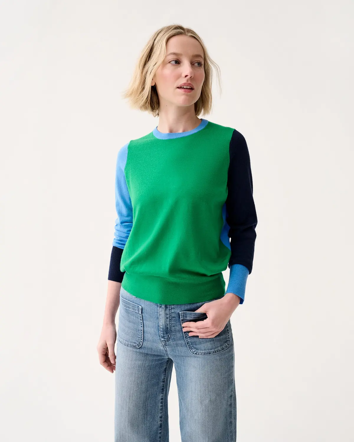 Kit Crewneck Sweater In French Blue/Green/Navy Colorblock Fine Gauge Cashmere 1