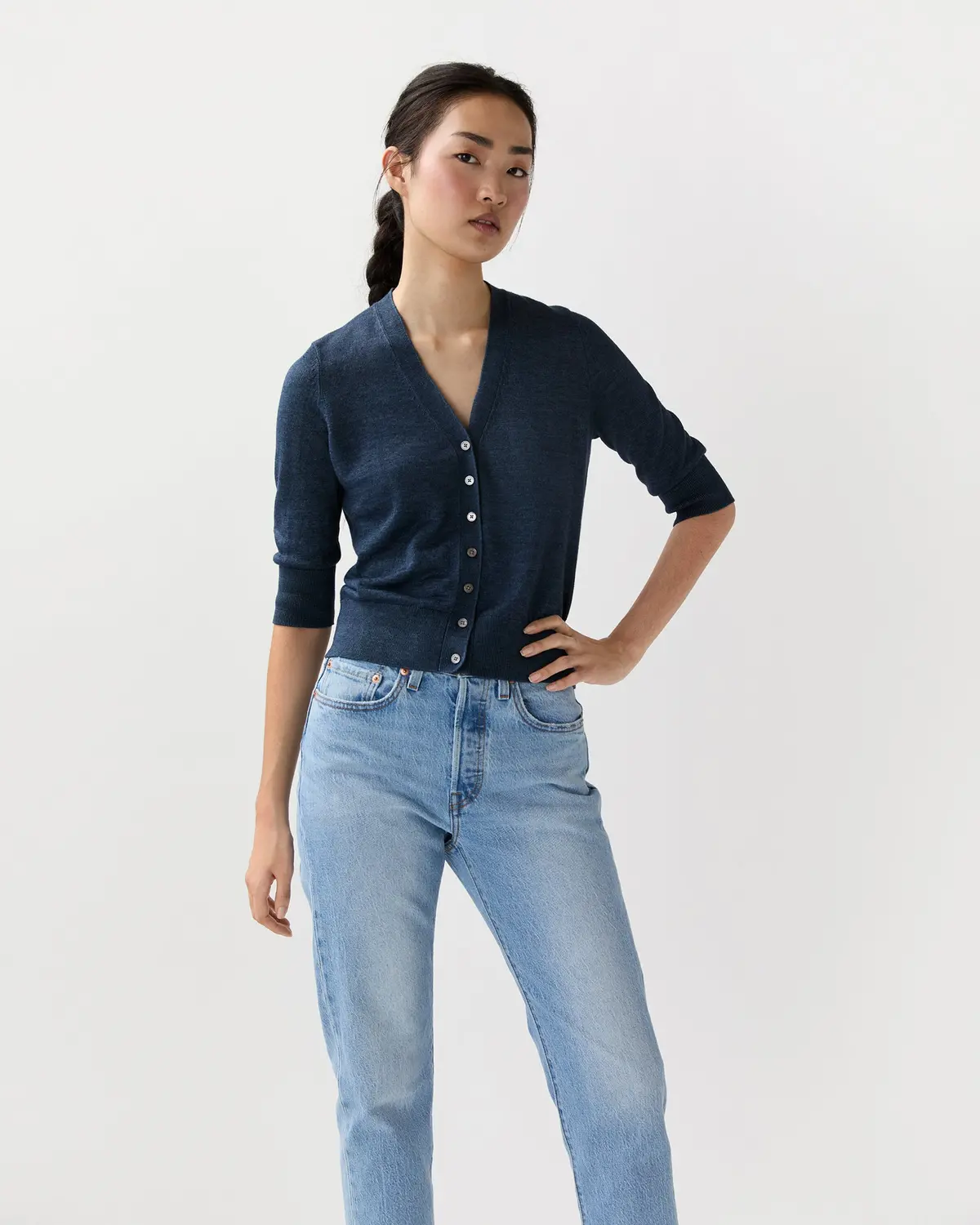 Short-Sleeved Rosie V-Neck Cardigan In Deep Indigo Linen 1
