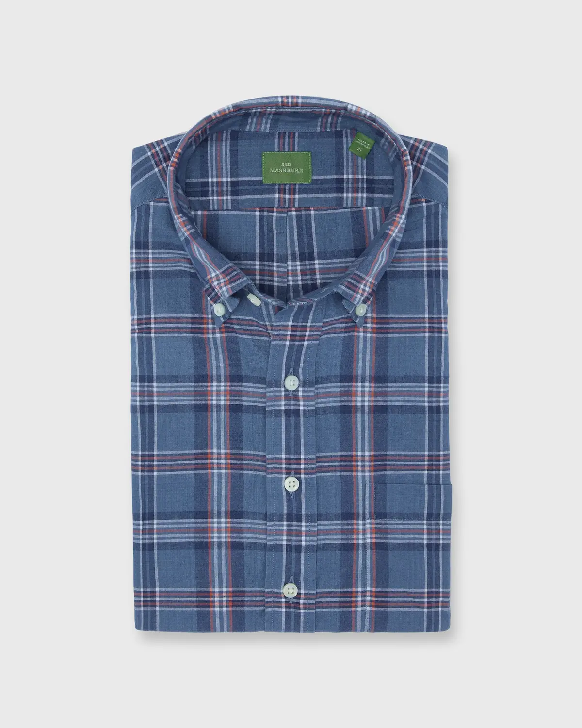Short-Sleeved Button-Down Popover Sport Shirt In Indigo/Orange/White Madras 1
