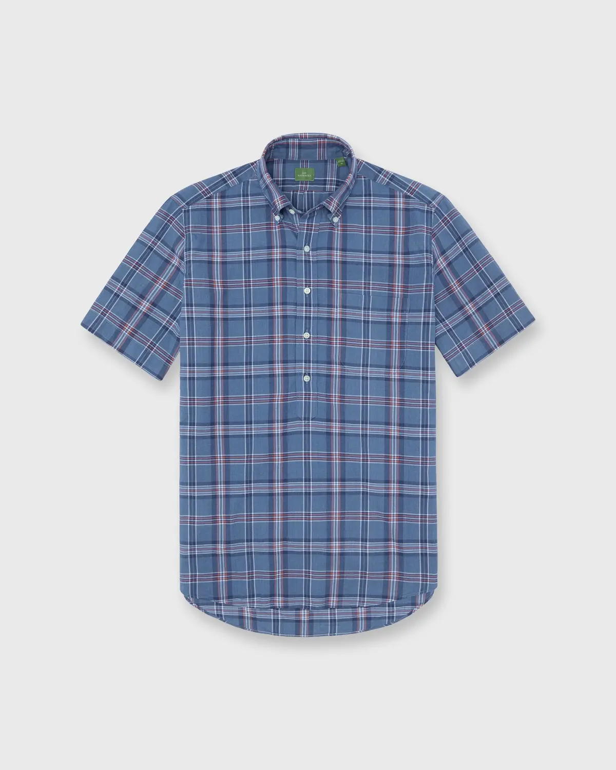 Short-Sleeved Button-Down Popover Sport Shirt In Indigo/Orange/White Madras 2