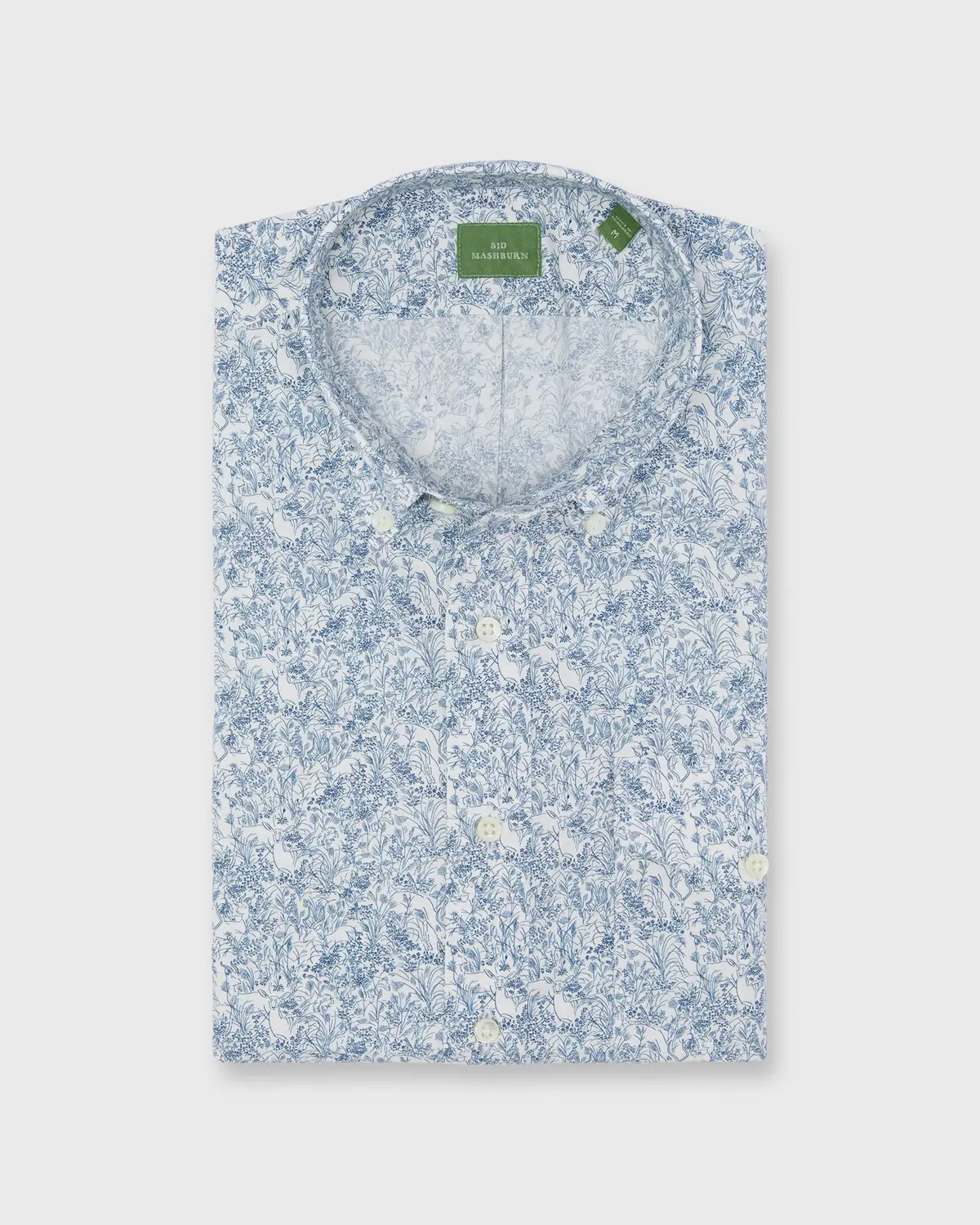 Short-Sleeved Button-Down Sport Shirt In White/Navy Wild Woodland Liberty Fabric 1
