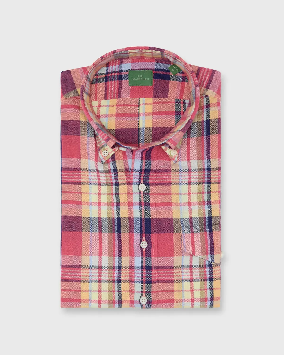 Short-Sleeved Button-Down Sport Shirt In Berry/Yellow/Blue Plaid Cotolino Oxford 1