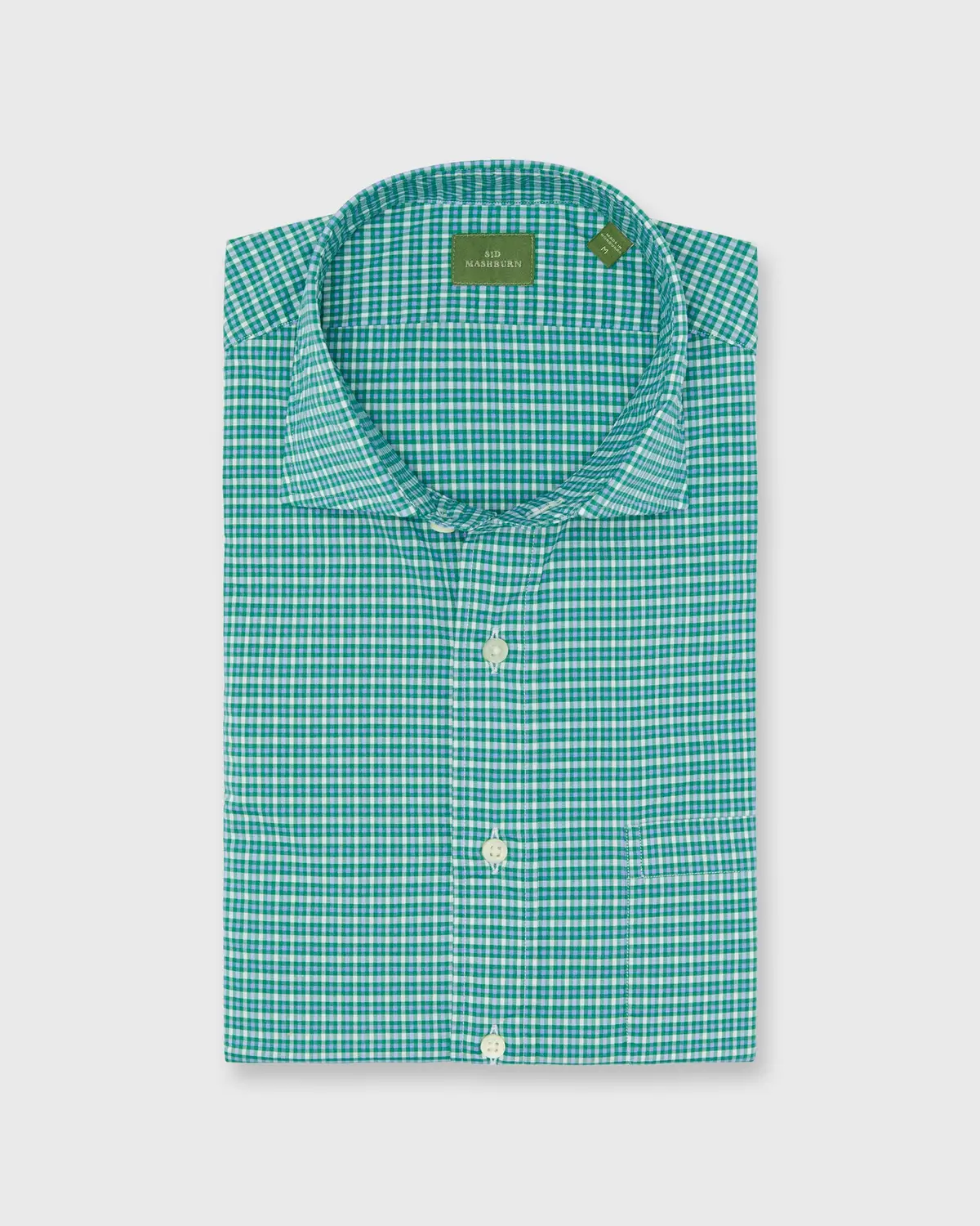 Spread Collar Sport Shirt In Green/Sky/White Check Poplin 1