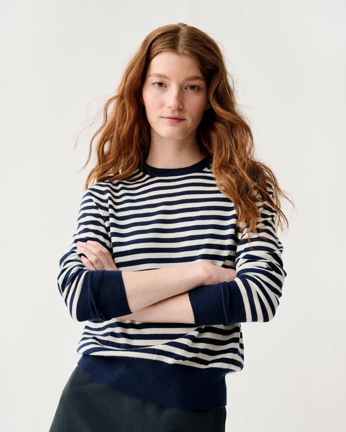 Kit Crewneck Sweater In Navy/Ivory Stripe Fine Gauge Cashmere 1