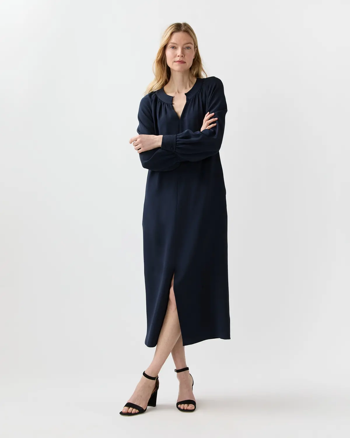 Trapunto Neck Dress In Navy Silk Crepe De Chine 1