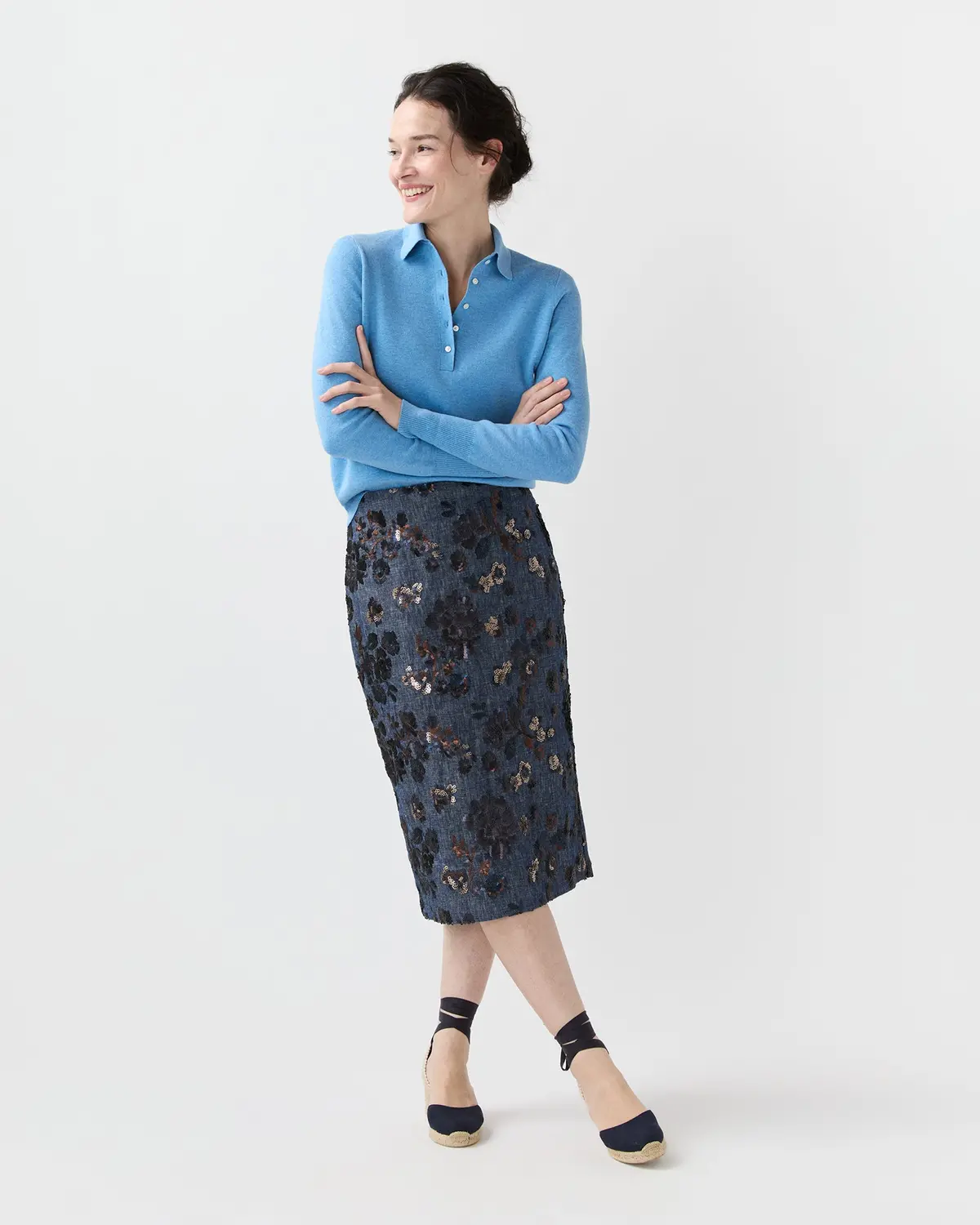 Aurora Skirt In Indigo Floral Sequin Embroidered Twill 1