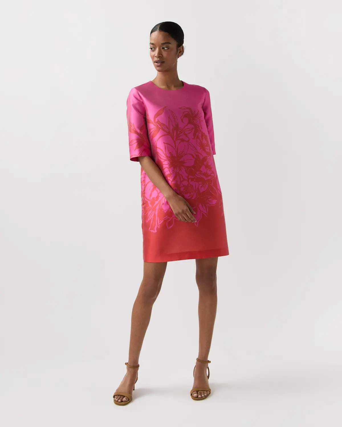 Short Paige Dress In Pink/Red Floral Printed Mikado 1