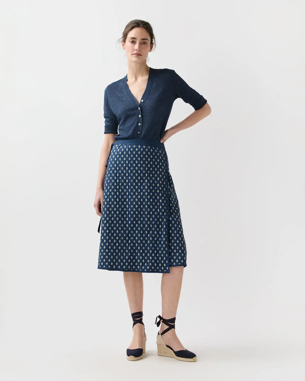 Quilted Adley Wrap Skirt In Navy/Ivory Mixed Provençal Printed Poplin 1