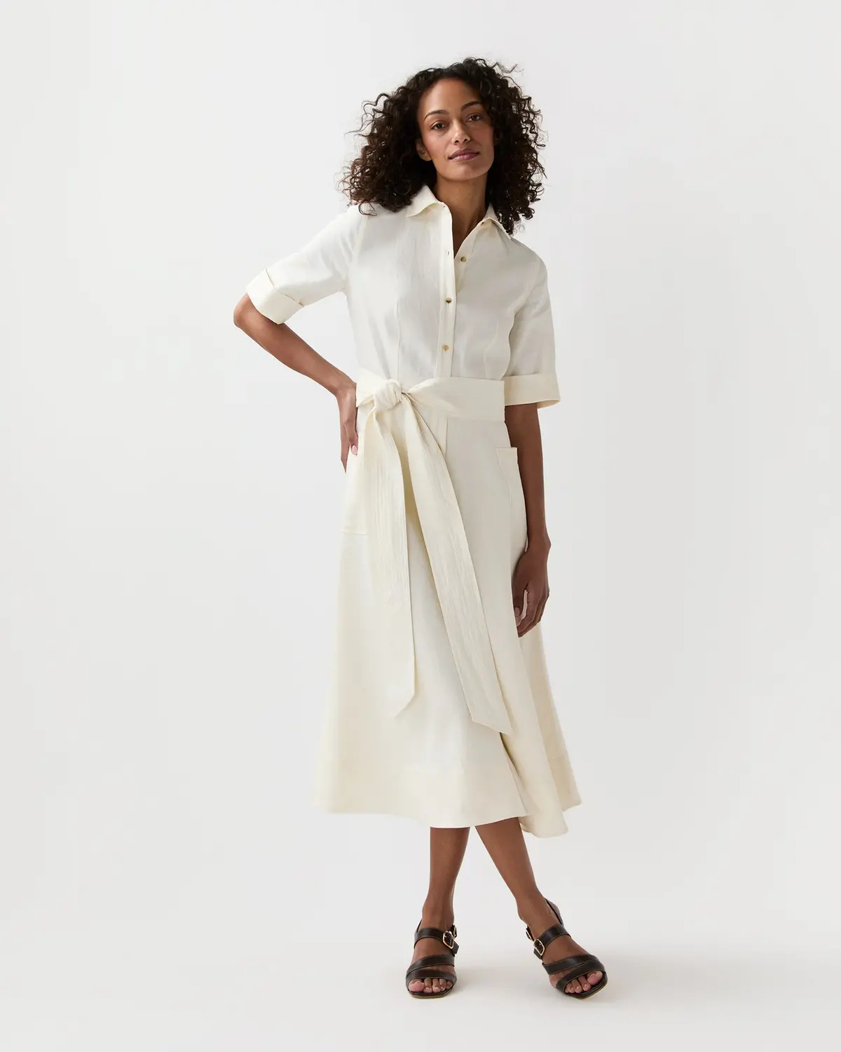Emery Shirtwaist Dress In Ivory Stretch Linen Twill 1