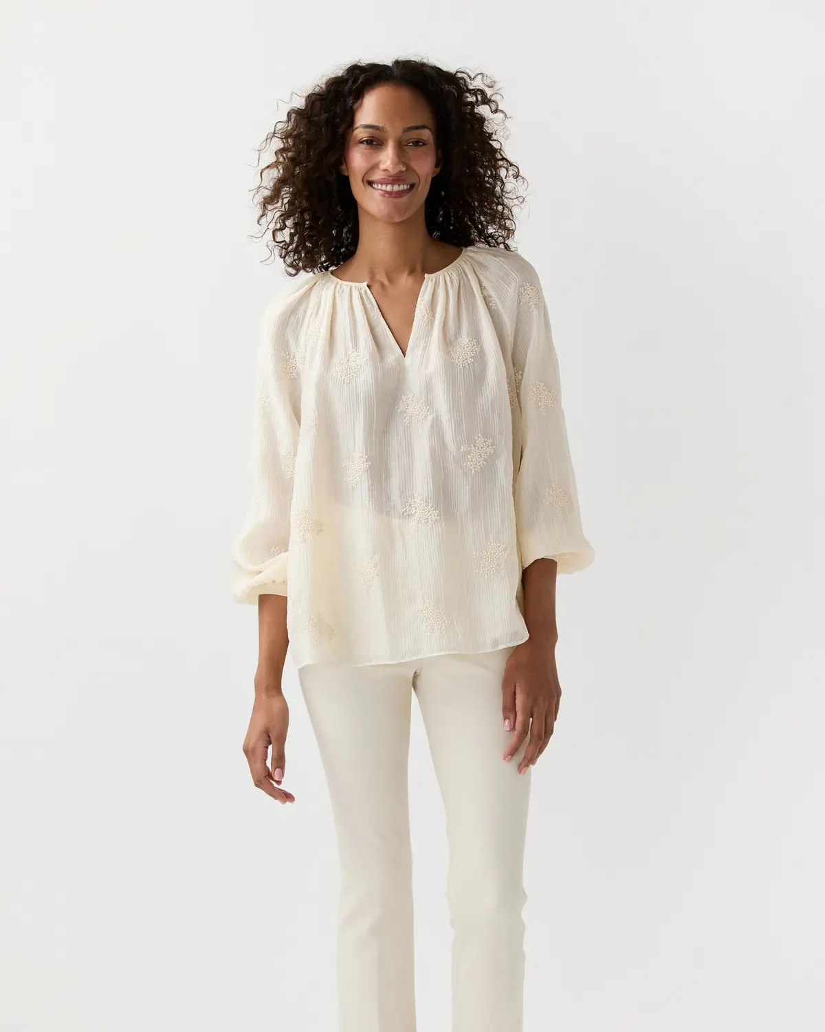 Ariana Blouse In Ivory Embroidered Crinkled Gauze 1